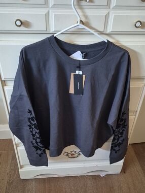 Vero Moda Dark Gray Crewneck Sweatshirt with Black Floral Sleeve Design